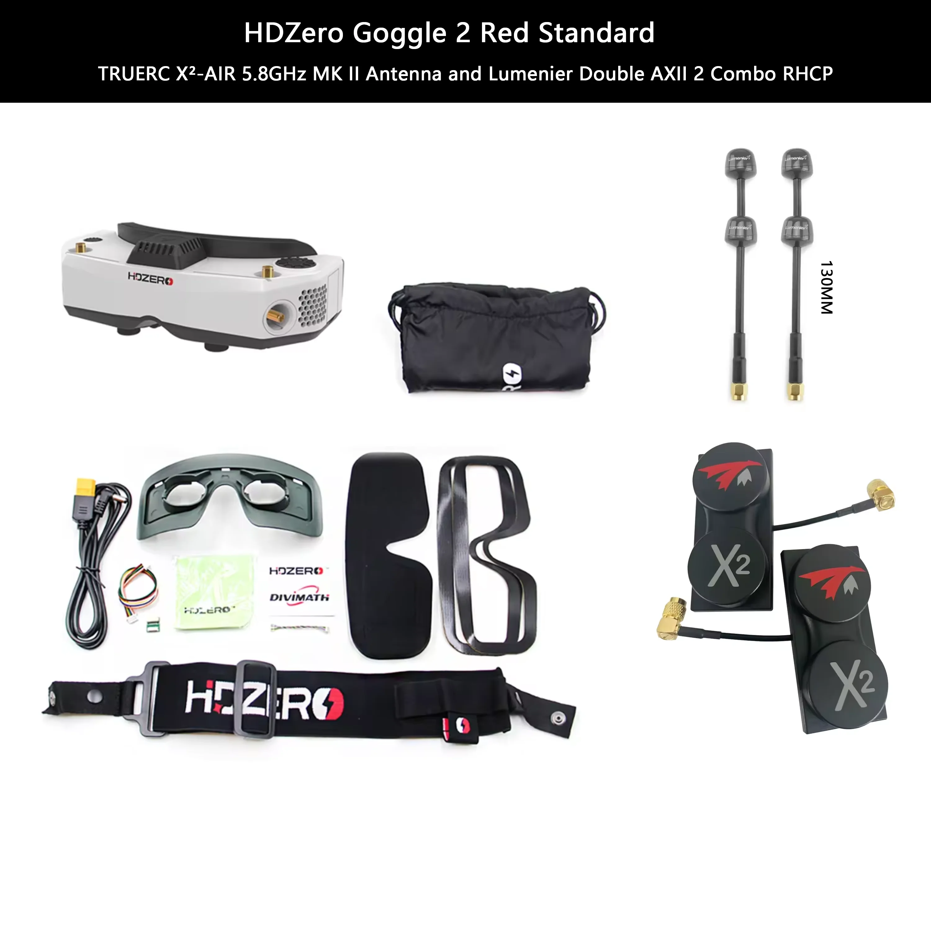 HDZero FPV Goggles2 White + TrueRC X2-Air MKII + Lumenier Double 130mm antennas