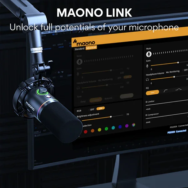 Фото Профессиональный динамический микрофон MAONO XLR с USB-подключением, программным эквалайзером, звуковой картой, наушниками и динамиком в комплекте для подкастов и игр №3