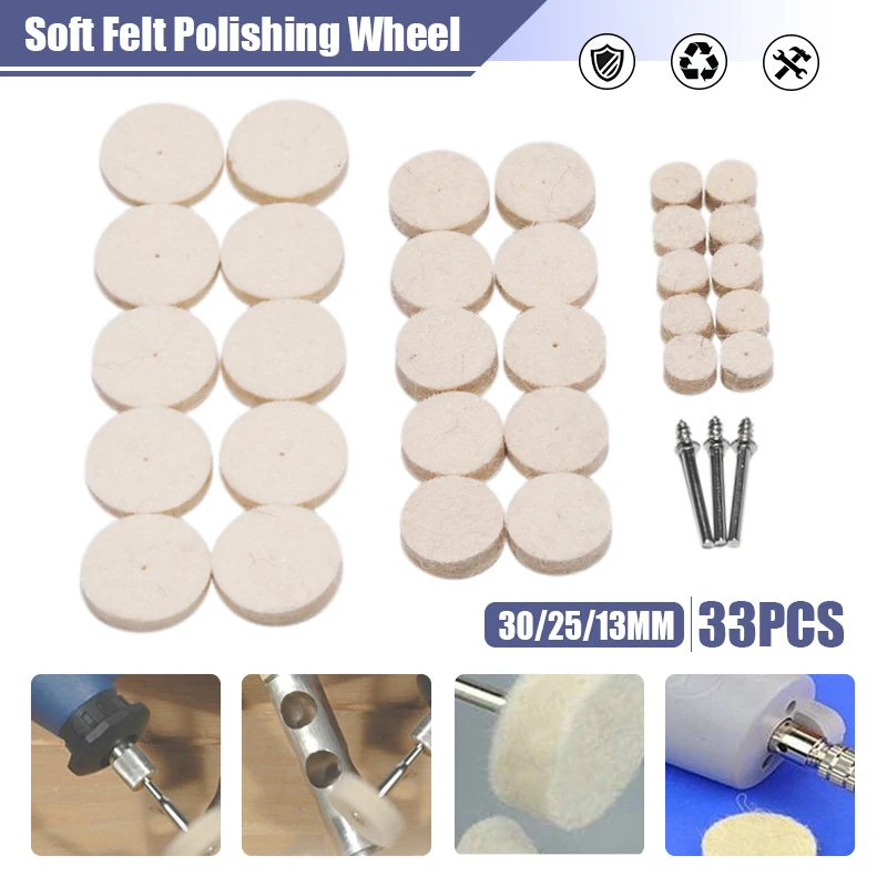

33Pcs/Set 13mm 25mm 30mm Soft Felt Polishing Buffing Wheel Mop Pad Compound Angle Grinder Part For Dremel Rotary Polishing Tool