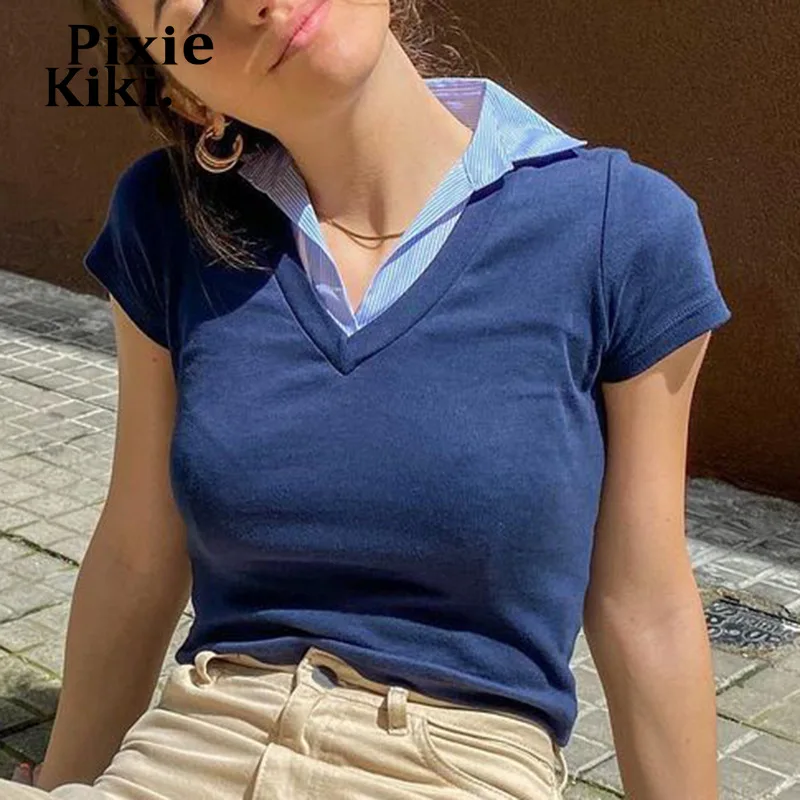 

Футболки PixieKiki из двух частей с коротким рукавом, летняя модная женская одежда, повседневные синие короткие топы, женская одежда