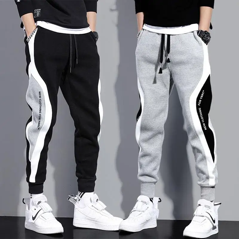 

Spring Autumn Men&#39s Wide Loose Casual Pants Mens Patchwork Nine-point Sports Pants Elastic Rope Breathable Tie-foot Trousers