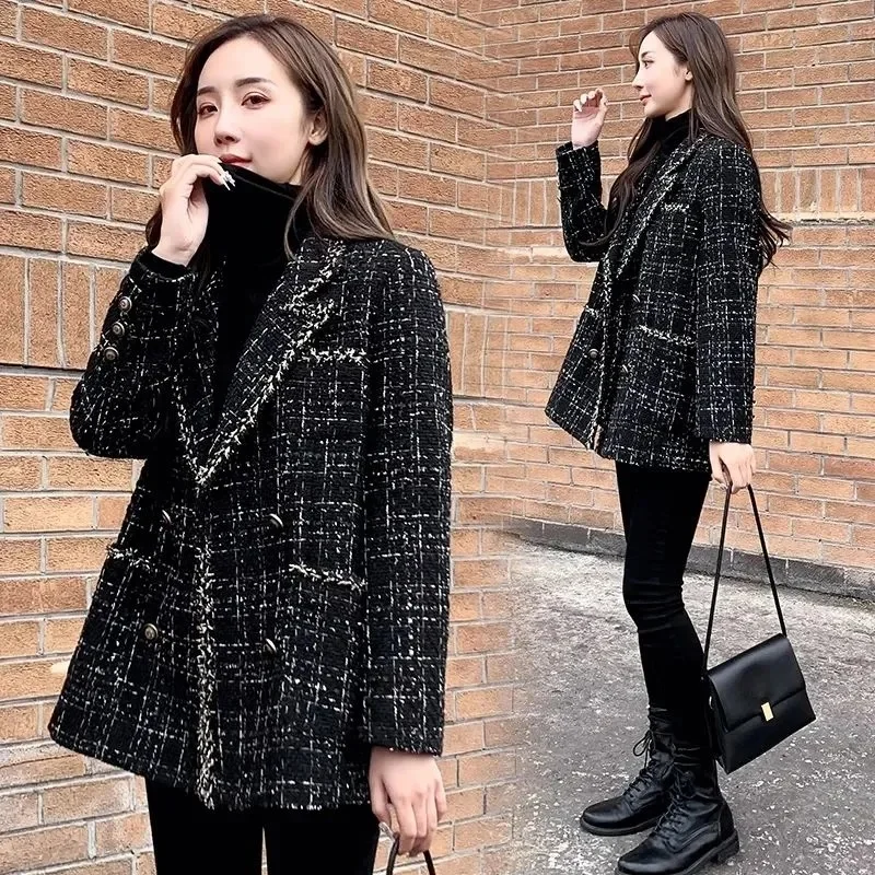 

Turn Down Collar Double Breasted Plaid Blazer Jackets Suit Outerwear Winter Thicken Tweed Blazer Vintage warm Women
