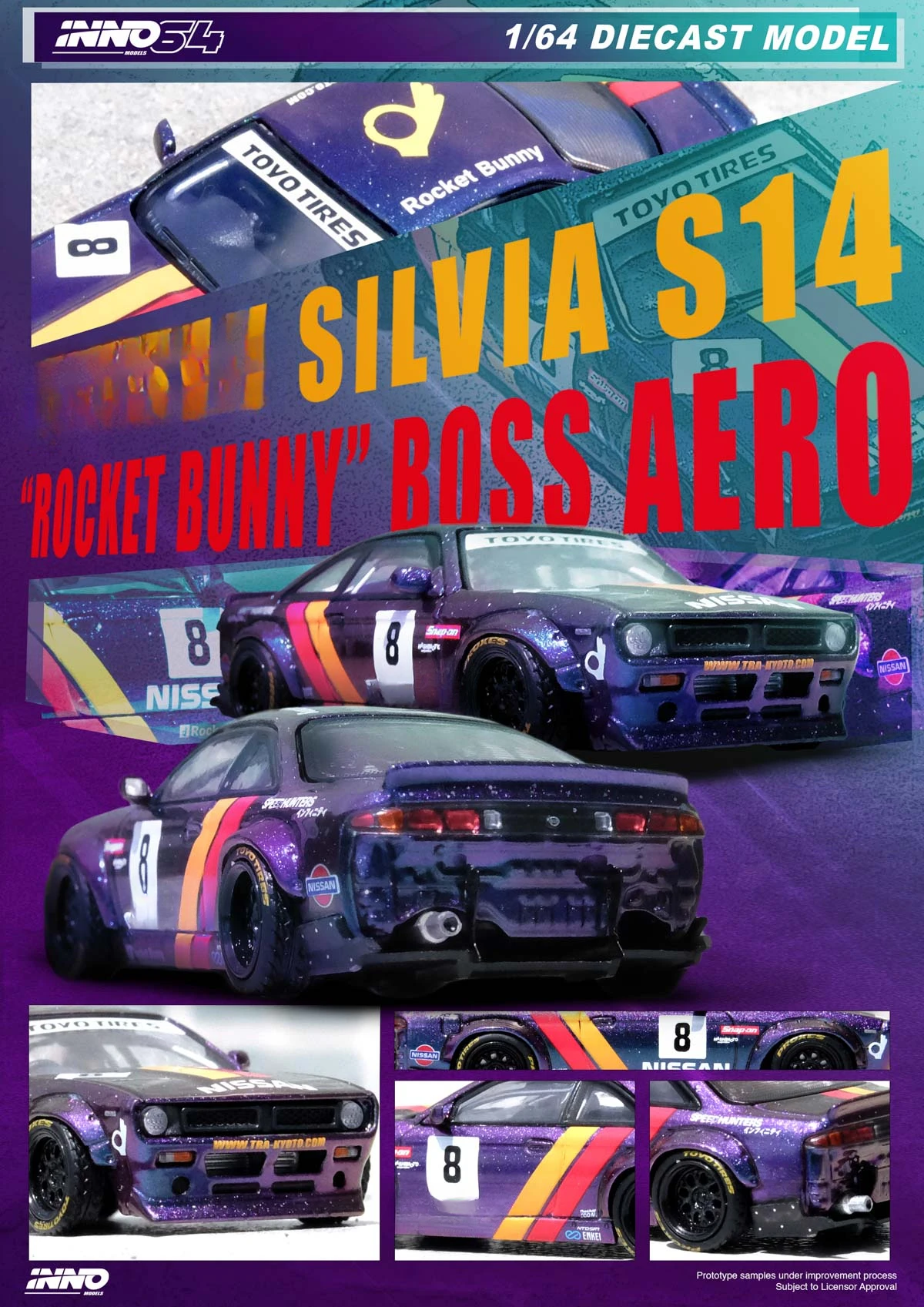 ** Предзаказ INNO 1:64 SILVIA (S14) BOSS ROCKET BUNNY фиолетовая литая модель автомобиля