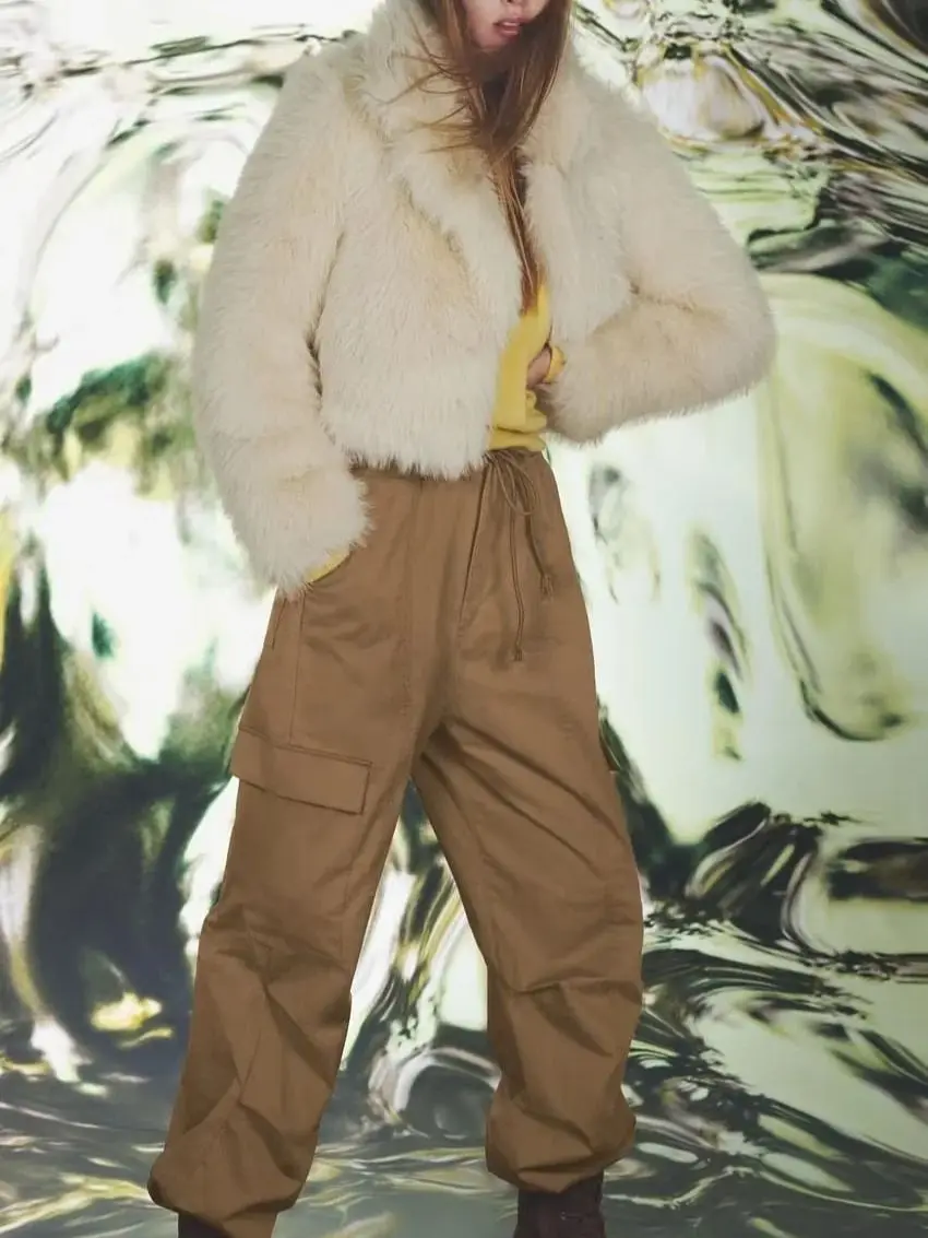 Spring And Autumn Women's Beige Lapel Faux Fur Long Sleeve Single-Breasted Design Jacket Fashion Warm