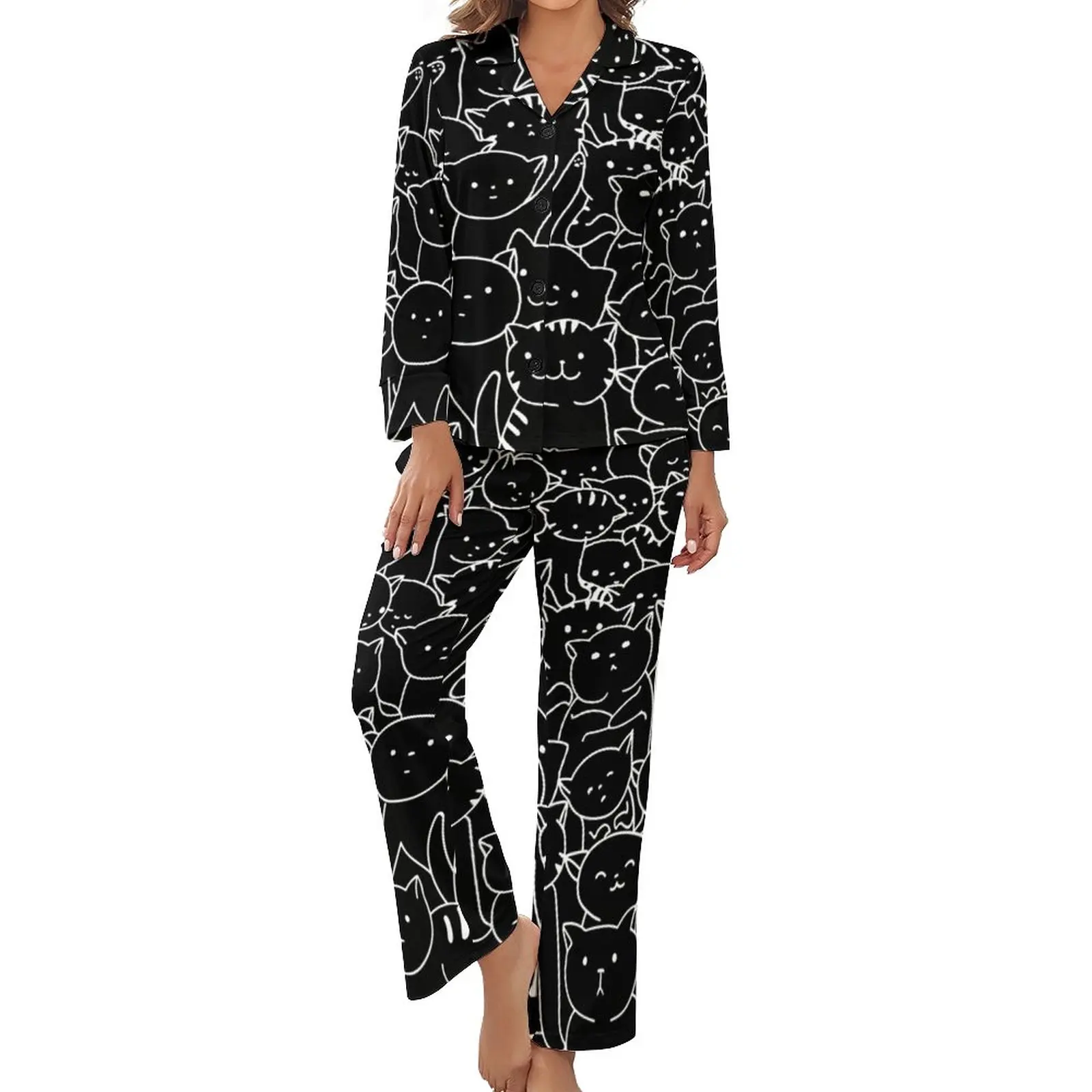

Cat Meme Print Pajamas Huge Pile Of Cute Cats Casual V Neck Nightwear Female 2 Pieces Graphic Long Sleeve Cute Pajamas Set