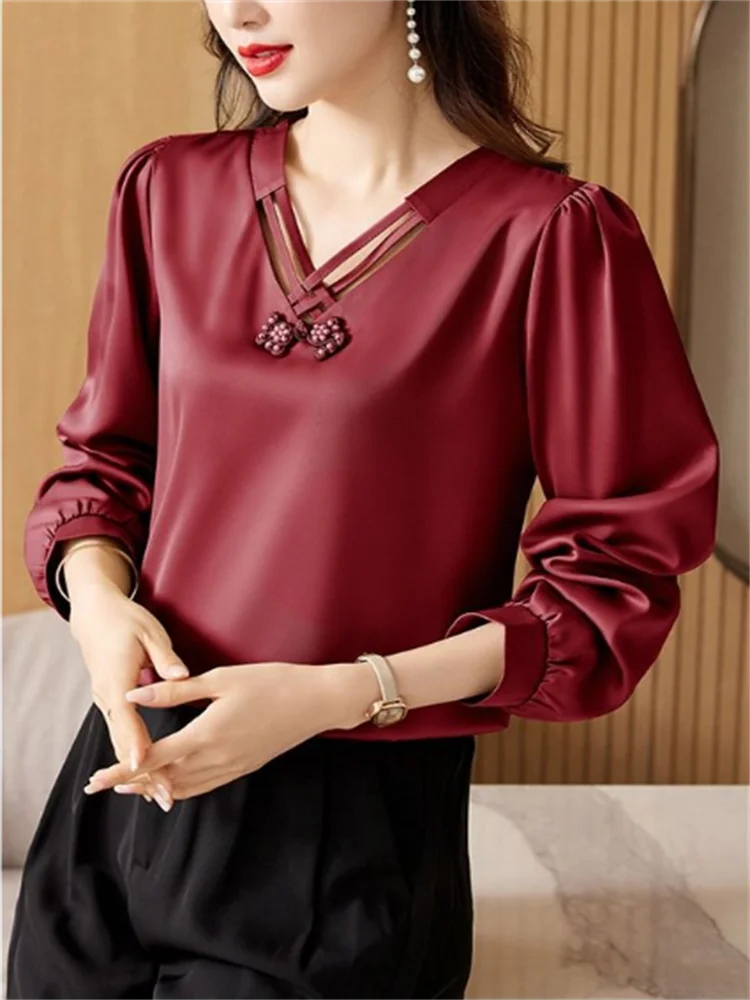 Футболка женская атласная с V-образным вырезом и длинным рукавом