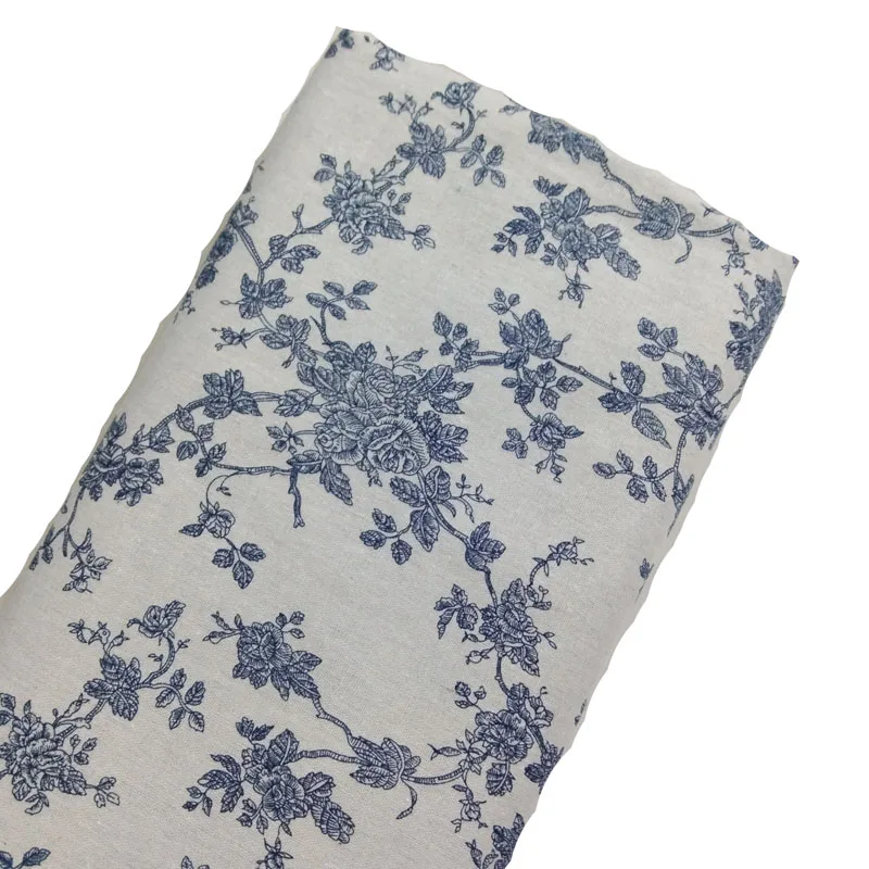 Симпатичная простая хлопчатобумажная льняная ткань с голубым цветочным принтом 48x145 см