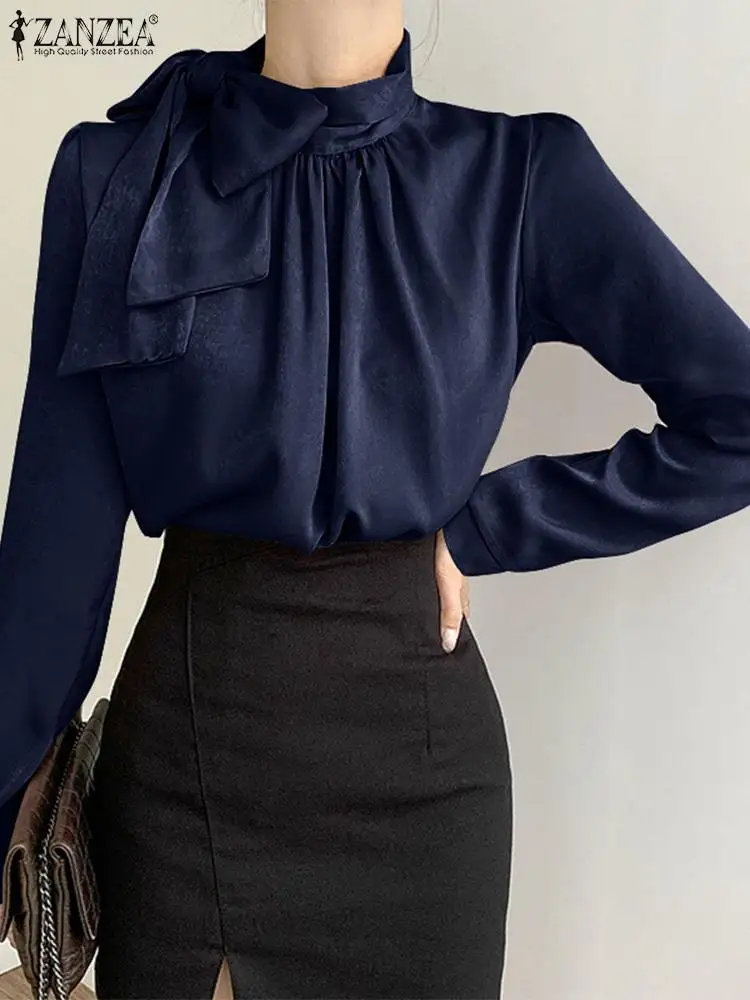 

Women's Solid Tops 2022 Fashion OL Long Sleeve Blouse ZANZEA Casual Elegant Bow Camisas Oversized Party Holiday Turtleneck Shirt