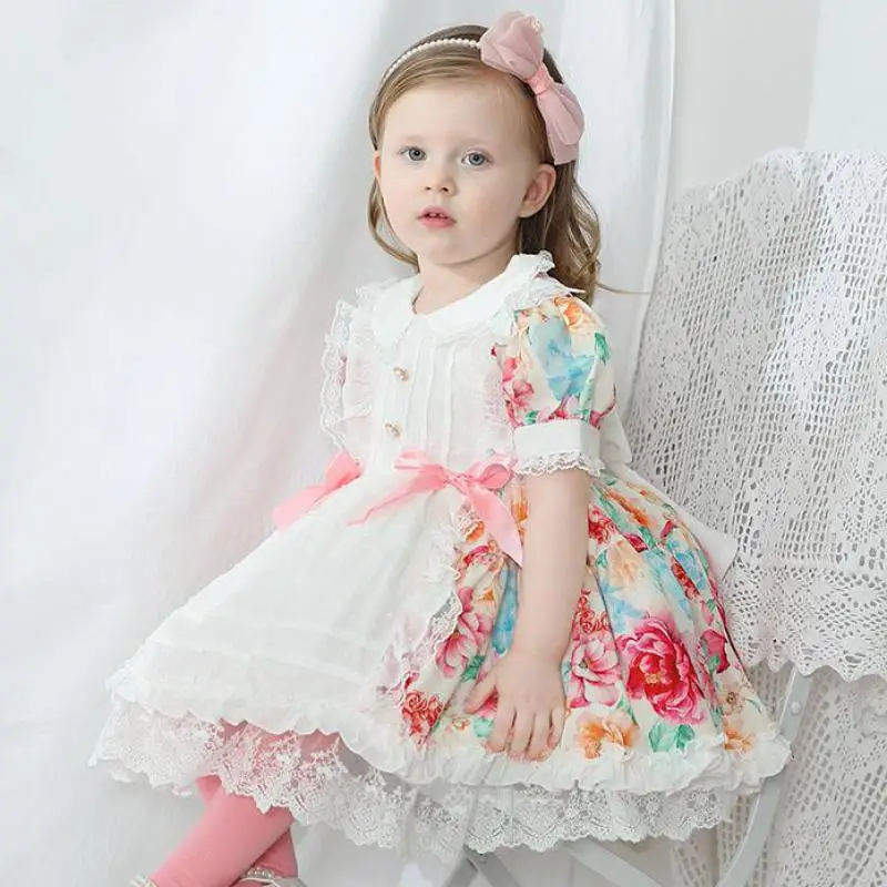 Summer Floral Print Lolita Dress For Toddler Girls Kids Short Sleeve Lace Hem Loose Ball Gowns Custom Baby Name Birthday Gift