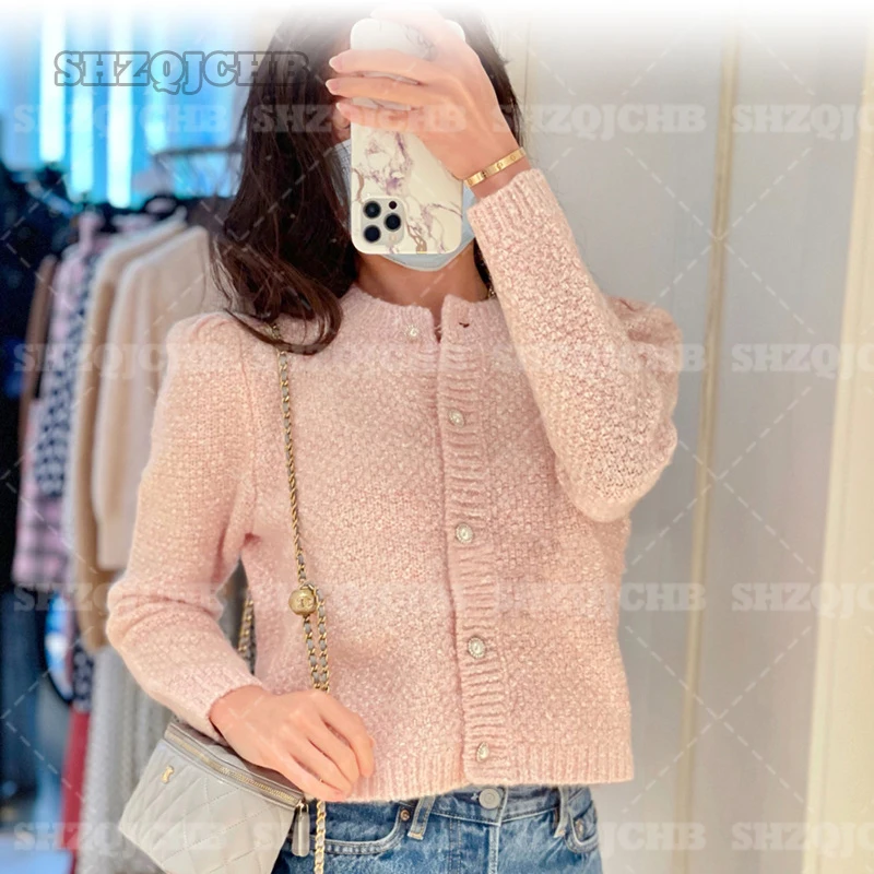 

2022 Autumn And Winter Small Fragrance Pink Cardigan Women's Sweater Twill Pearl Button Knit Top Single Breasted Female Coat