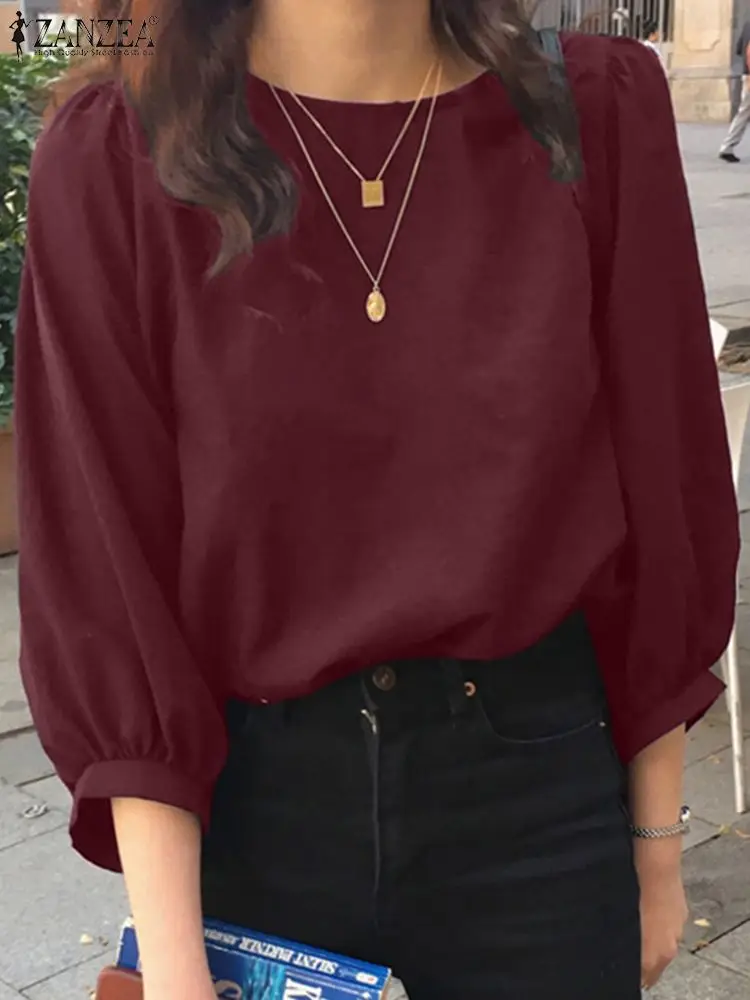 

Женская летняя Весенняя блузка ZANZEA, повседневная однотонная хлопковая блузка с рукавом 3/4, элегантная Корейская офисная рубашка, праздничн...