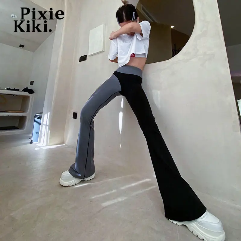 

Модные лоскутные брюки PixieKiki Y2k с высокой талией, женские повседневные брюки, Корейская уличная одежда, черные расклешенные брюки