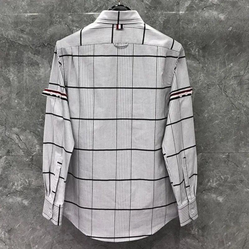 TB Man's Shirt Long Sleeve New Shirts Men Slim Casual Plaid Shirt Turn Down Collar Oxford Cotton Striped Men's Clothing
