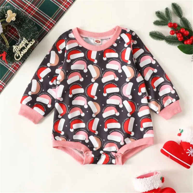 

Baby Infants Girls Boys Christmas Print Romper 0-24 Month Black Pink Patchwork Long Sleeve Crew Neck Bodysuits