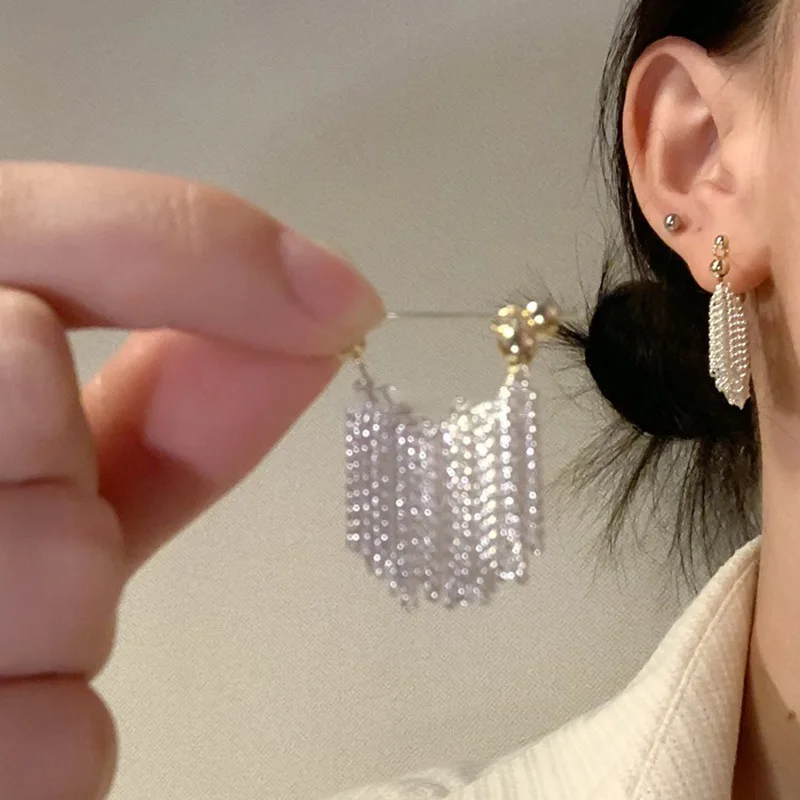 YOUNGX 2023 Light Luxury Fall Chain Tassel Earrings Vintage Niche Design Shiny Metal Earring For Women Jewelry Party Gift