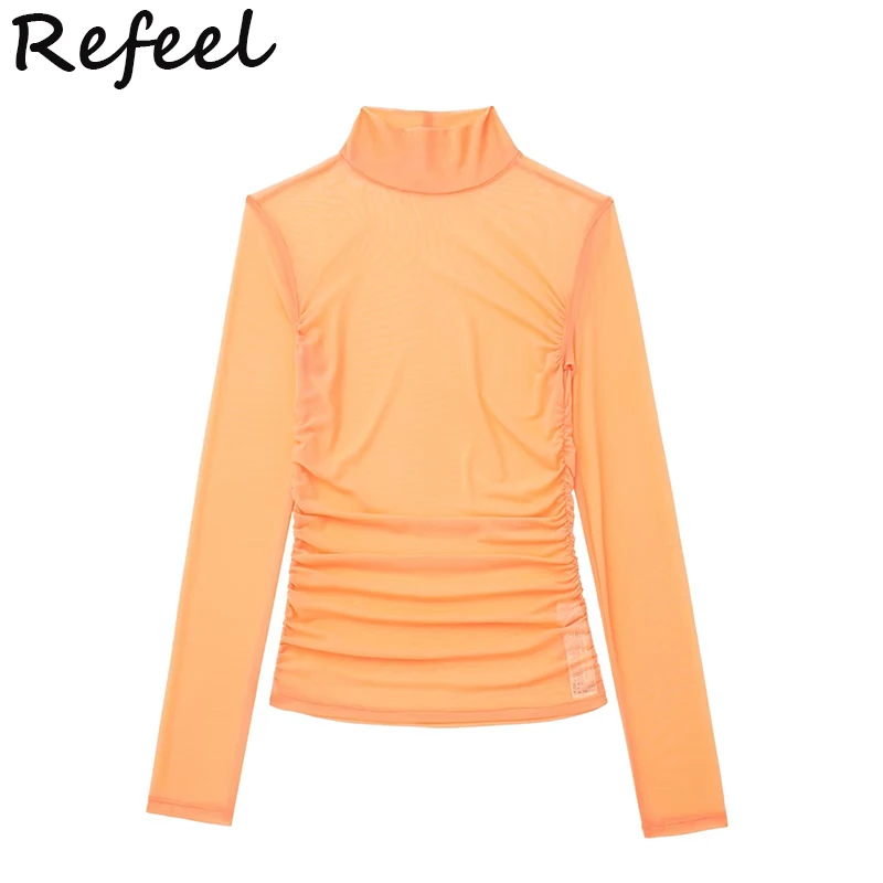

Refeel Women's Tube Top Blouses Shirts Long Sleeves Summer Fashion Solid Female Designer Thin Semi-sheer Tulle Streetwear