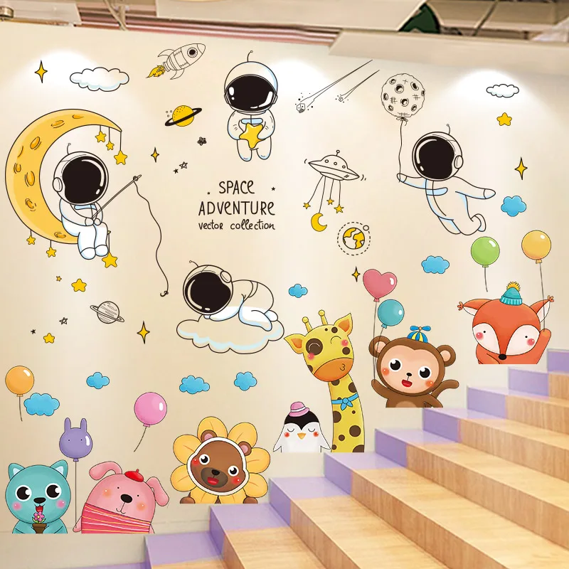 

Cartoon Outer Space Astronauts Wall Stickers Vinyl DIY Animals Mural Decals for Kids Rooms Baby Bedroom Nursery Home Decoration