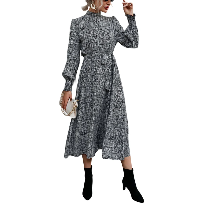 

Women Dress Turtleneck Puff Long Sleeve Tie Waist Dress Leopard Print Casual Flowy Party Maxi Dresses LOKIJM1