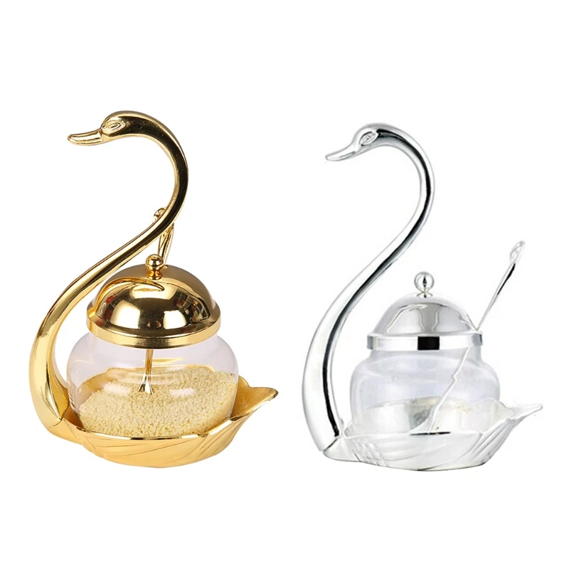 

alloy Condiment Pot Seasoning Container Spice Glass Jar Salt Sugar Bowl Pepper Coffee Storage Organizer Swan Rack Set