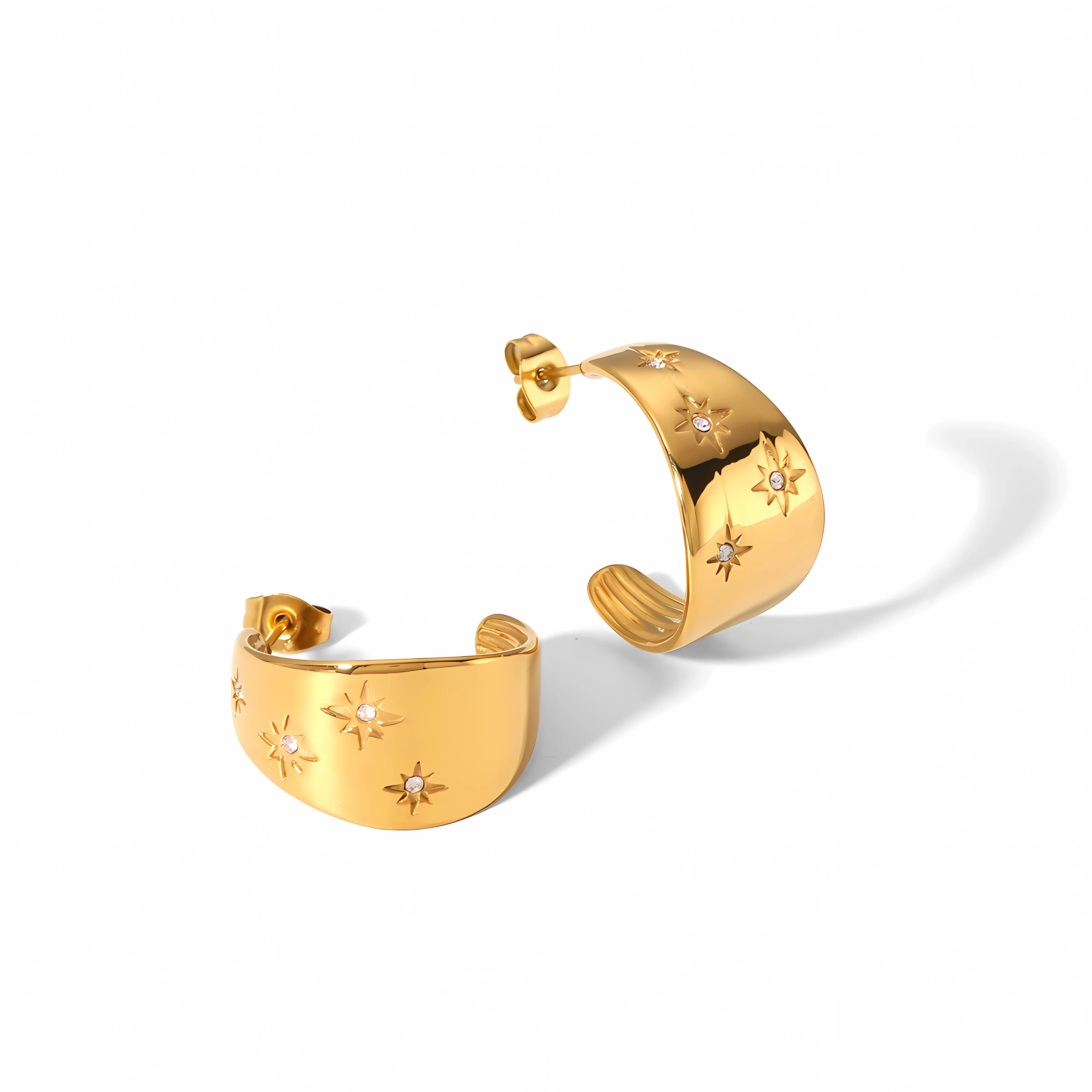 

18k Gold Plated Large Curved Star With Zircon Geometric Earrings Stainless Steel C Shaped Earrings for Women