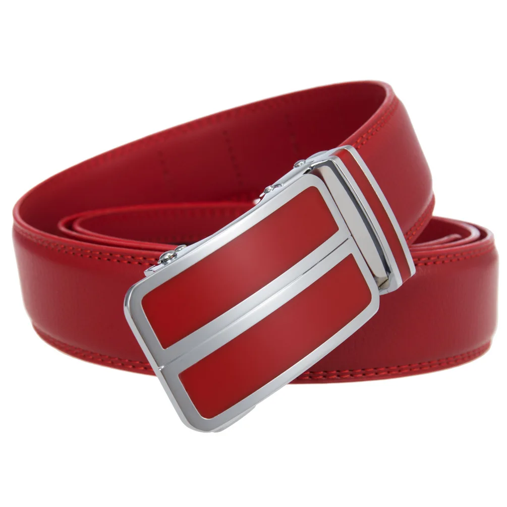 Красный ремень мужской элитный брендовый из натуральной кожи с автоматической