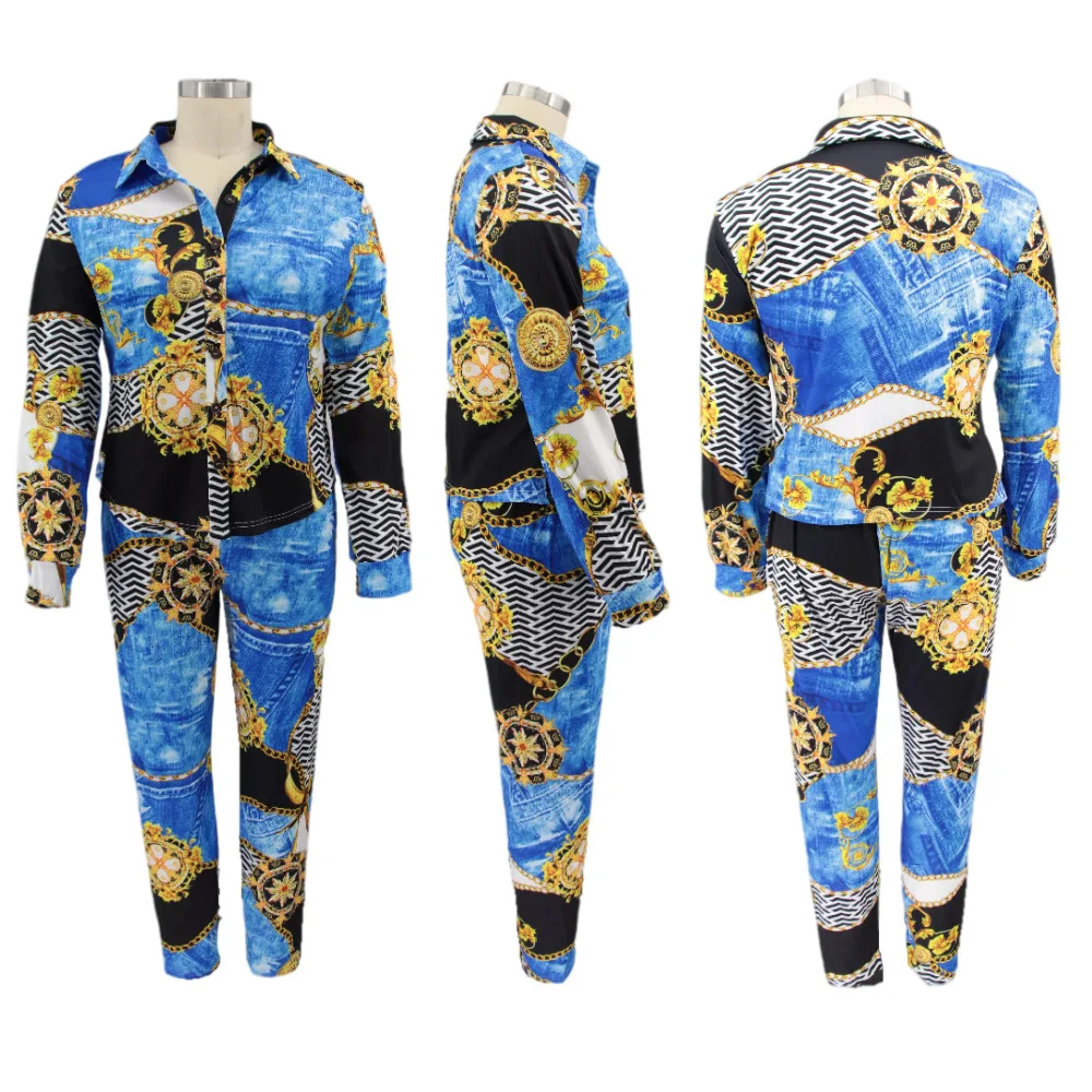 EOENKKY Plus Size 2-Piece Sets Autumn Women Print Shirt and Pants Sexy Sweatshirt Outfit Female Dropshiping Tracksuit Wholesale