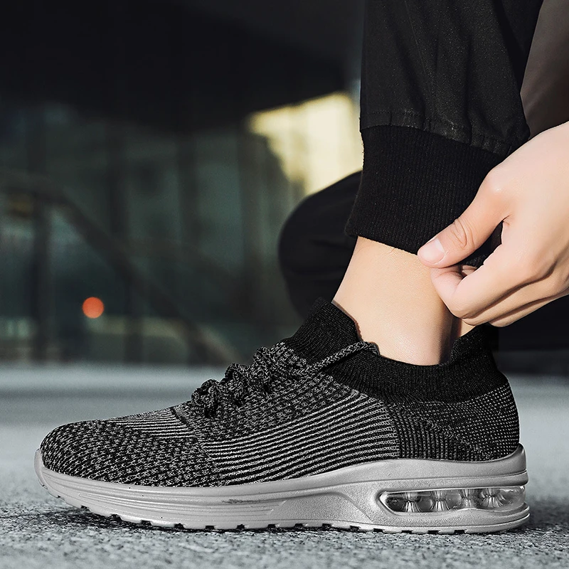 Fashion Mens Sneaker Light Breathable Running Shoes Knitting Air Cushion Lace Up Tennis Sports Shoes