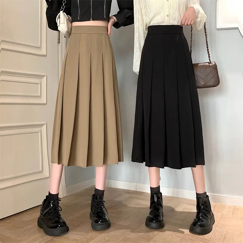 

2023 Harajuku Summer Autumn Casual High Waist A-Line Pleated Skirt For Women Chic Ladies Solid Color A Line Long Skirt D108