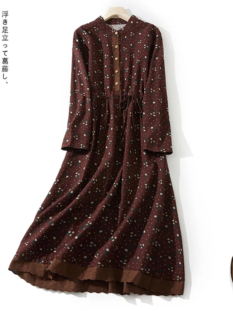 

Women Casual Long Dress New Arrival 2022 Autumn Vintage Style Floral Print Loose Female Cotton Linen A-line Dresses B2179