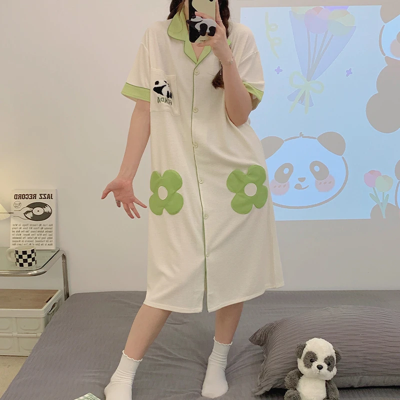 

Summer Women's Nightgown Pajamas Night Dress Korean Home Clothing Cartoon Panda Femme Loose Nightshirt Short Sleeve Pijamas