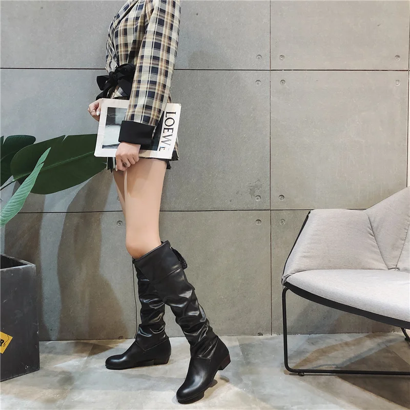 

Fashion Sweet Thin Leg Boots Knee Boots Thick Heel Stretch PU Leather Women's Shoes White Black Red Martin Boots Shoes