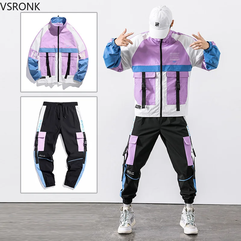 

2022 Hip Hop Workwear jacket Mens Tracksuit Jacket+Pants 2PC Sets baseball loose Zipper Ribbons Coat & Long Pants Mens Clothes