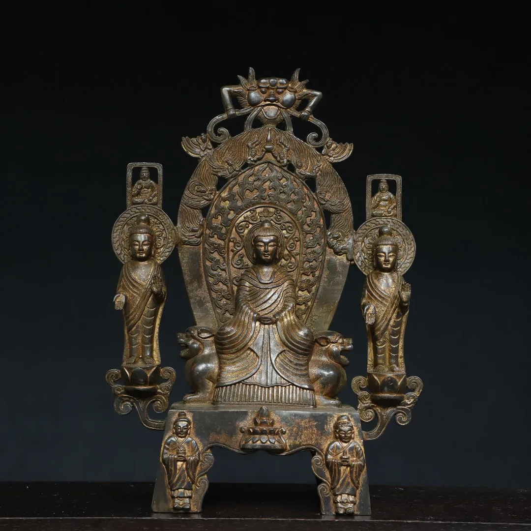 

15"Tibet Temple Collection Old Bronze Cinnabar Gilded Northern Wei Buddha Amitabha Buddha Buddhist Niche Worship Hall