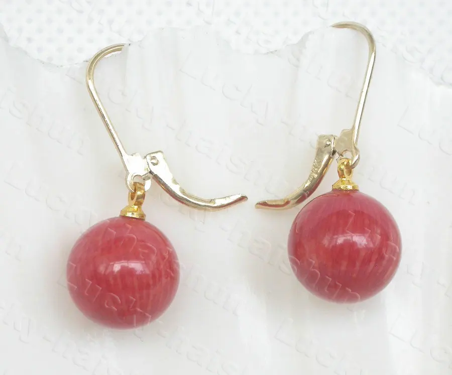 JQHS AAAA натуральные Висячие 12 мм круглые красные коралловые бусины Серьги 14K ТВЕРДОЕ ЗОЛОТО обруч C1009 крупные серьги