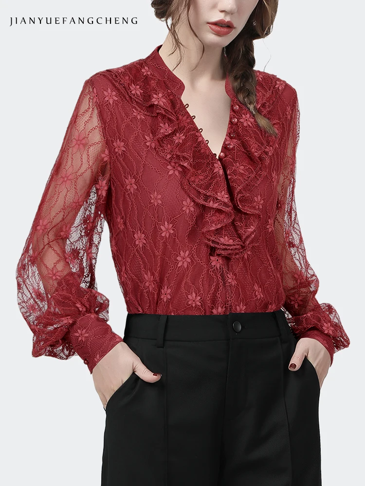 Женская кружевная блузка с V-образным вырезом и рукавами-фонариками