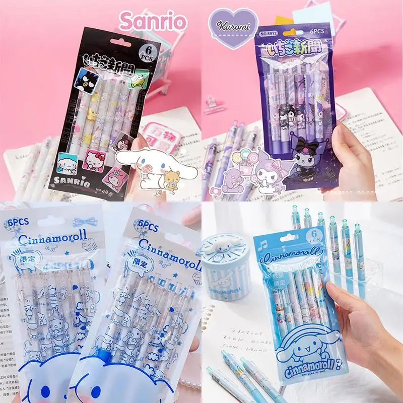 

6Pcs Kawaii Cinnamoroll Press Neutral Pen Sanrios My Melody Cartoon Kuromi Hello Kittys Cute Pattern Study Stationery Toy Gift