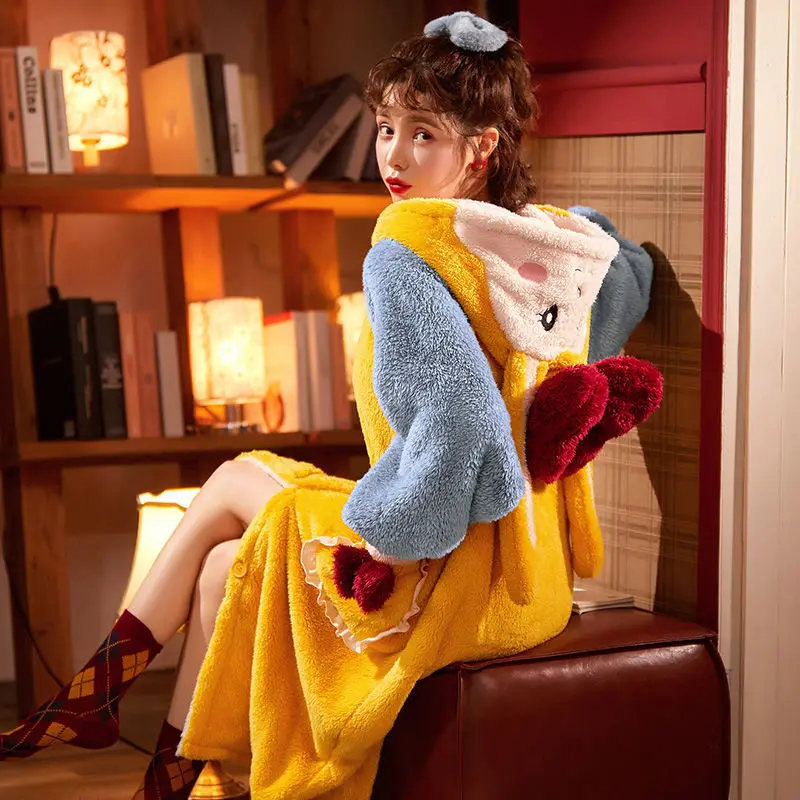 

Women's Coral Fleece Pajamas Winter Thicken Plus Velvet Cute Flannel Bathrobes Ladies Home Clothes Sleepwear Can Be Worn Outside