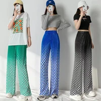 high waist thin ice silk gradient plaid trousers new summer all match loose straight casual pants fashion wide leg pants