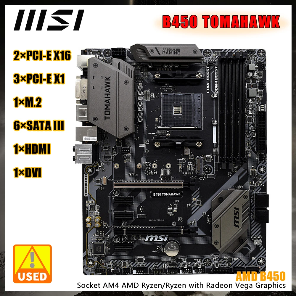 

Материнская плата MSI B450 TOMAHAWK с гнездом чипсета AMD B450, разъем ЦП AM4 для AMD 1th Ryzen 2th Ryzen с Radeon Vega Graphics