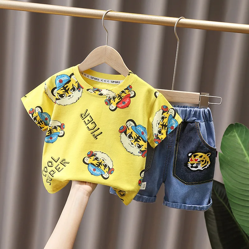 

2022 New Summer Clothes Sets Cotton Short Sleeve Print Cartoon Tiger Yellow Cute 2 Piece Sets Designer Boys Clothes Sets 1-8T