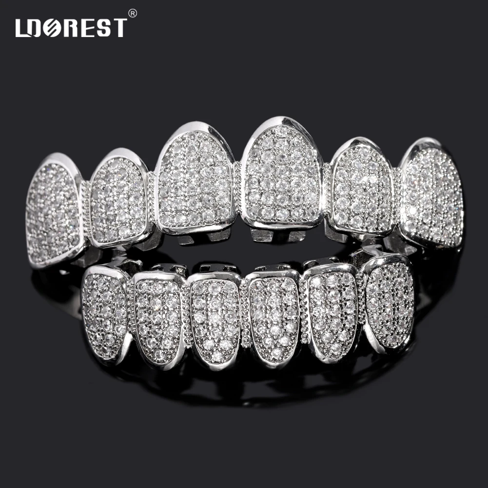 

HipHop Iced Out Teeth Grillz Set For Men Women Bling Cubic Zircon Paved Top & Bottom Grills Tooth Caps Gold Plated Party Jewelry