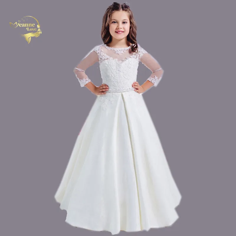 

Flower Girls Dresses Lace Sheer Neck Satin A Line Floor Length Long Sleeves First Communion Dresses for Girls Vestidos Longo