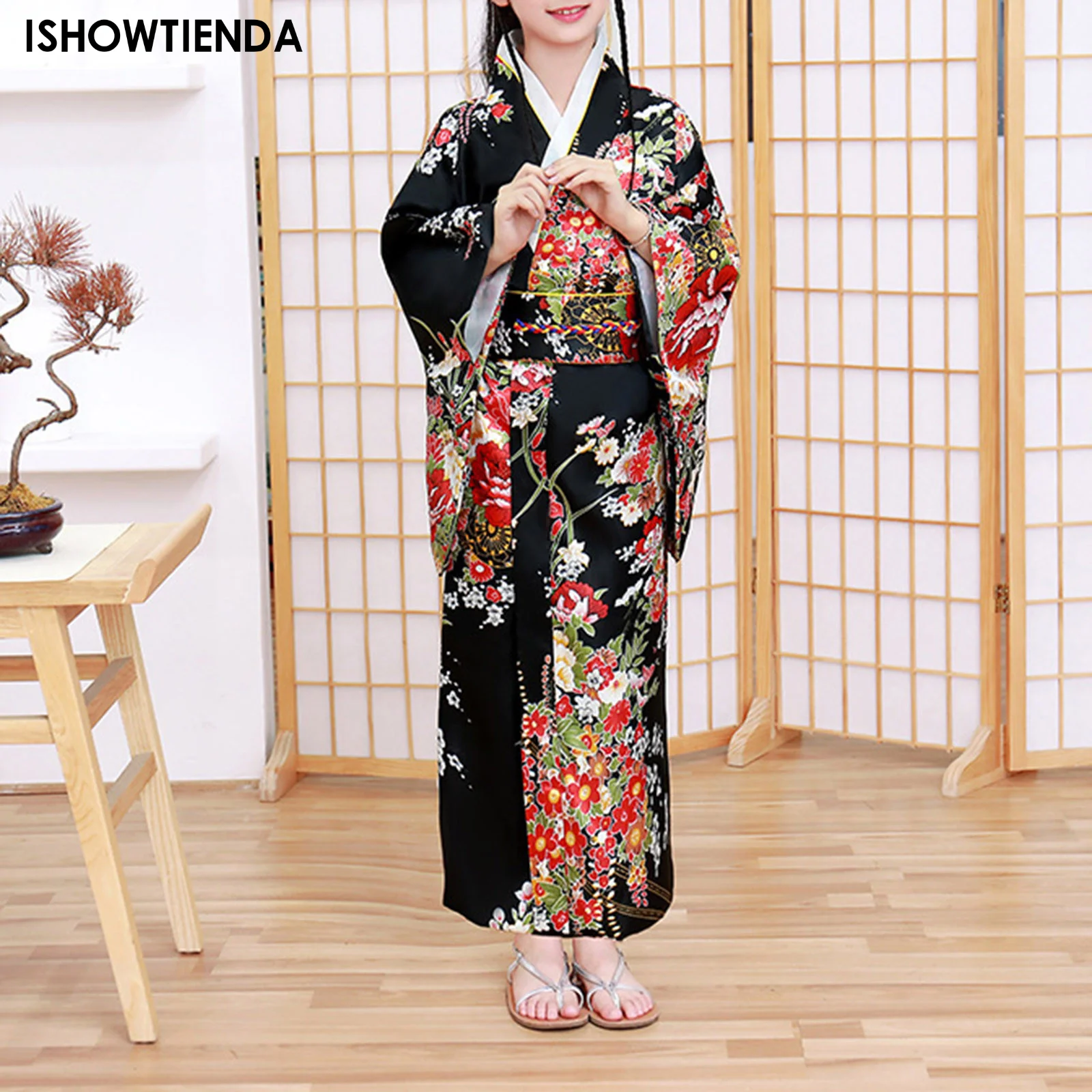 

Children Girls Black Japanese Kimono Bathrobe Gown Print Flower Performance Clothing Yukata With Obitage Soft Cosplay Costume