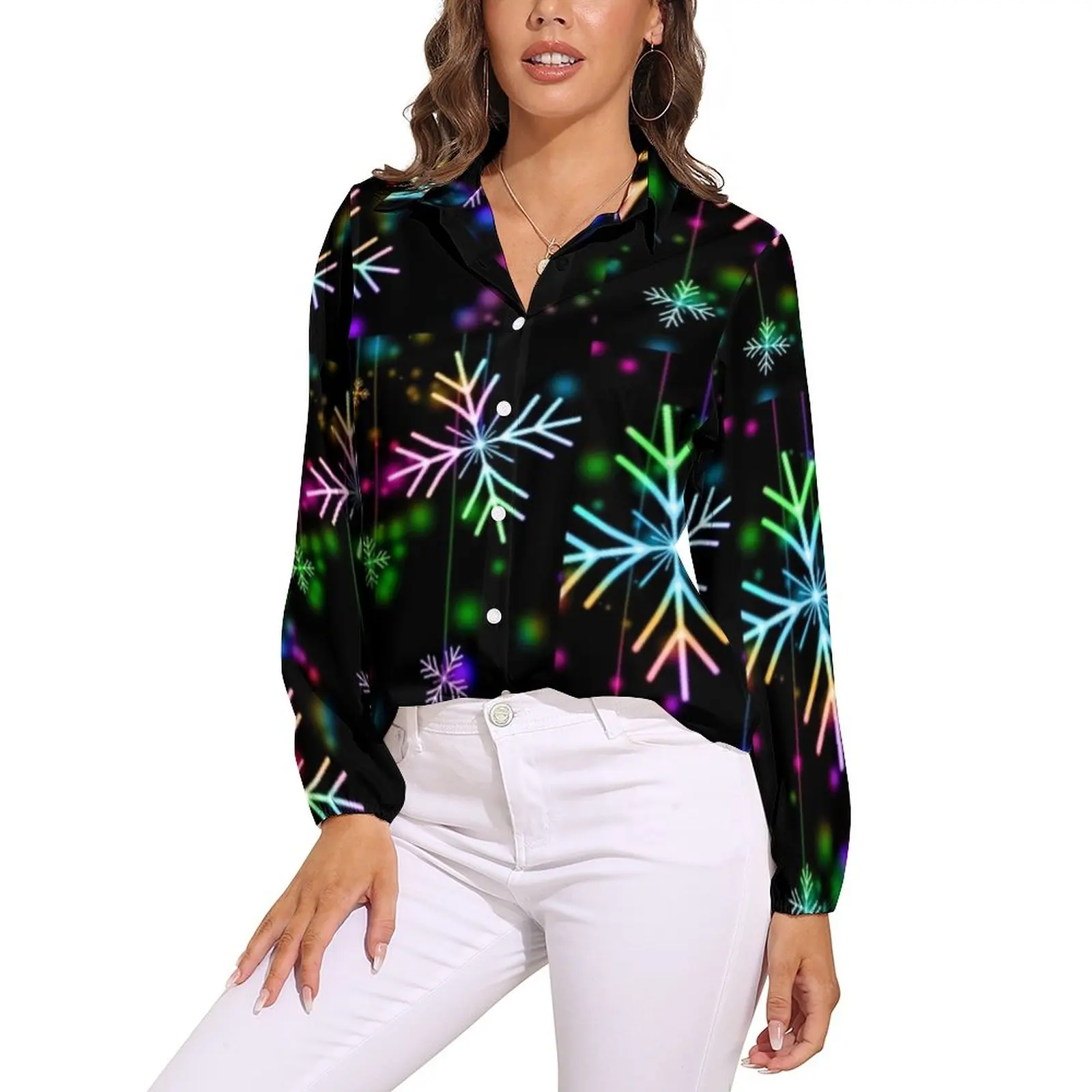 

Snow Beads Loose Blouse Colorful Holidays Pattern Casual Oversized Blouses Women Long-Sleeve Kawaii Shirt Summer Print Tops