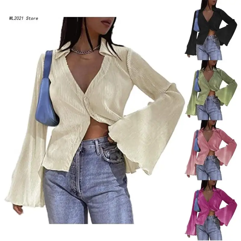 

Vintage Flared Long Sleeve Blouses Button Front Deep V-Neck Cardigan for Women