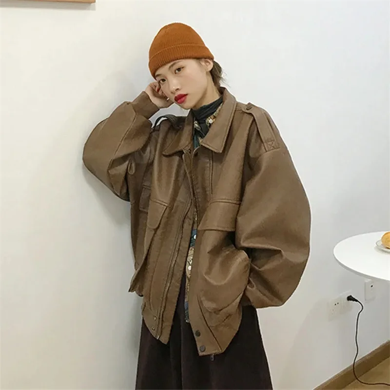 Новинка 2023 стильное винтажное кожаное пальто женская осенне-зимняя куртка в