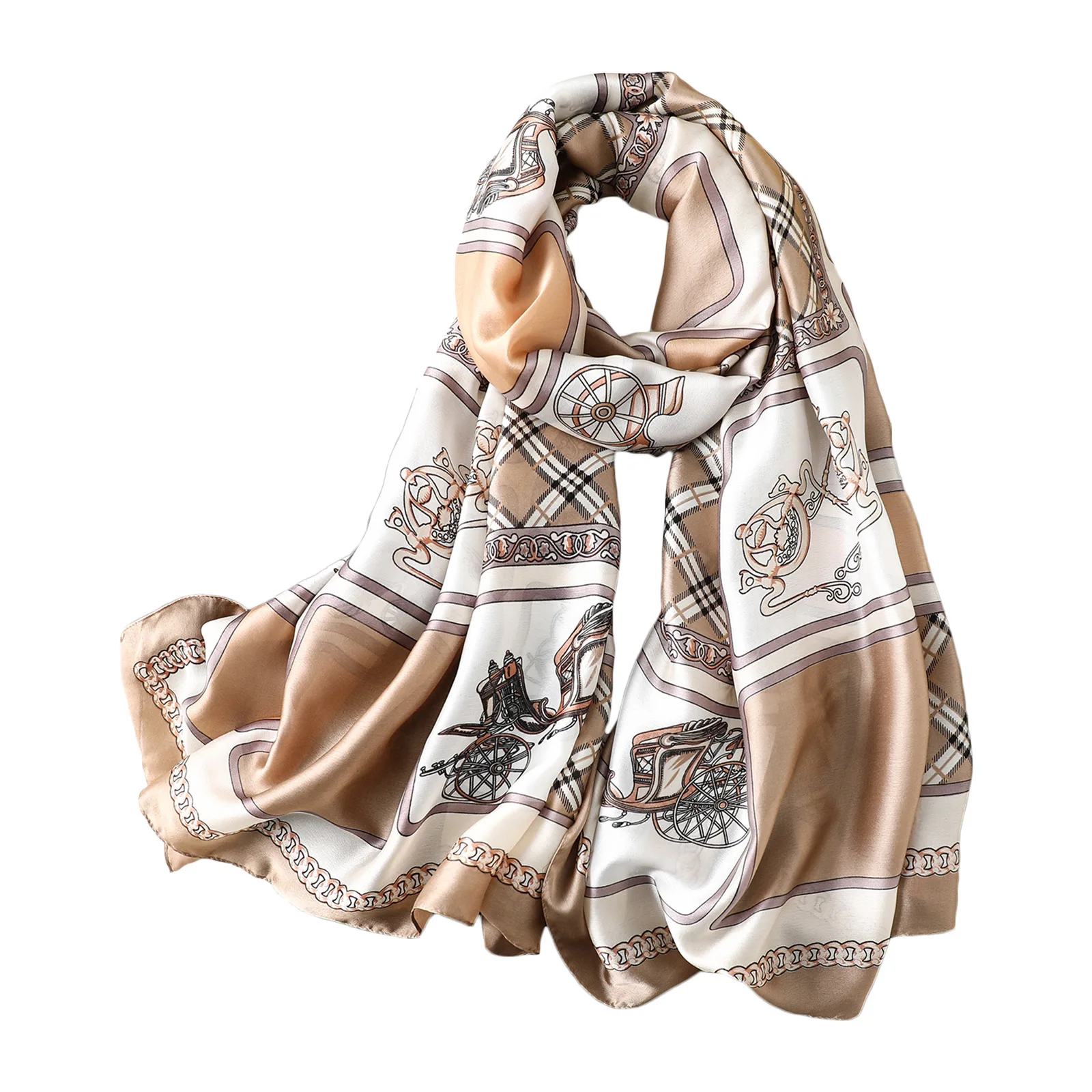 New Silk Satin Sunscreen Silk Scarf Women's New Four Seasons Carriage Chain Printed Shawl Silk Beach Scarf
