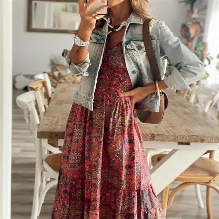 Bohemian Style 2023 Spring/Summer Fashion New Collection Waist Fragmented Flower Print Large Swing Casual Elegant Women's Dress