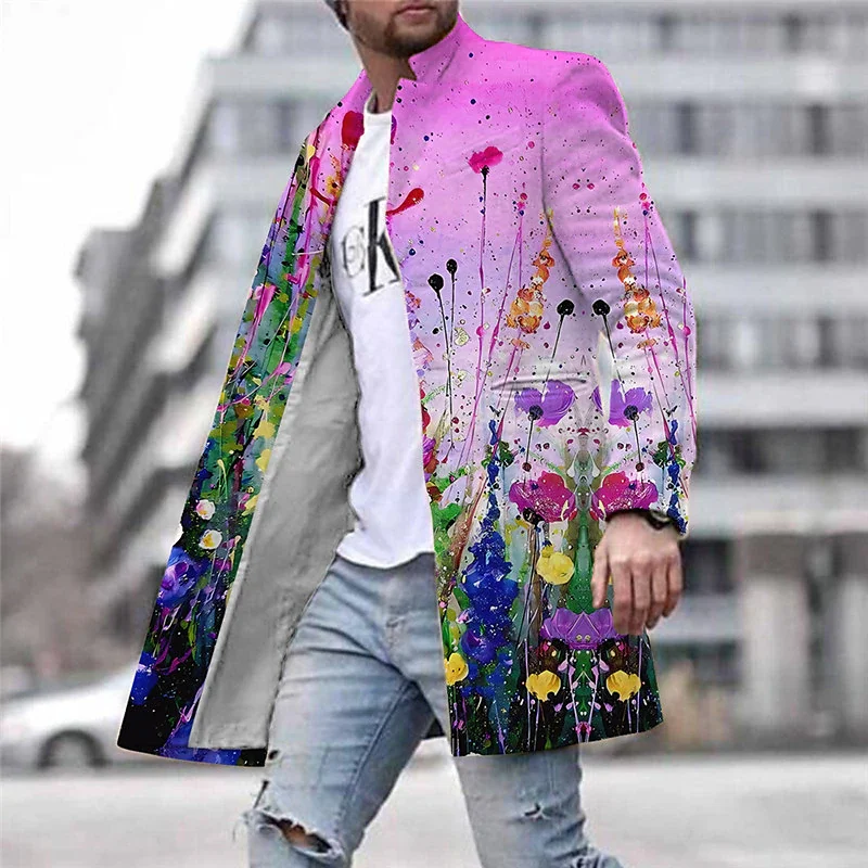 

Мужская однобортная куртка с лацканами, Длинная утепленная ветровка с цветными цветами, модная повседневная верхняя одежда для осени и зимы