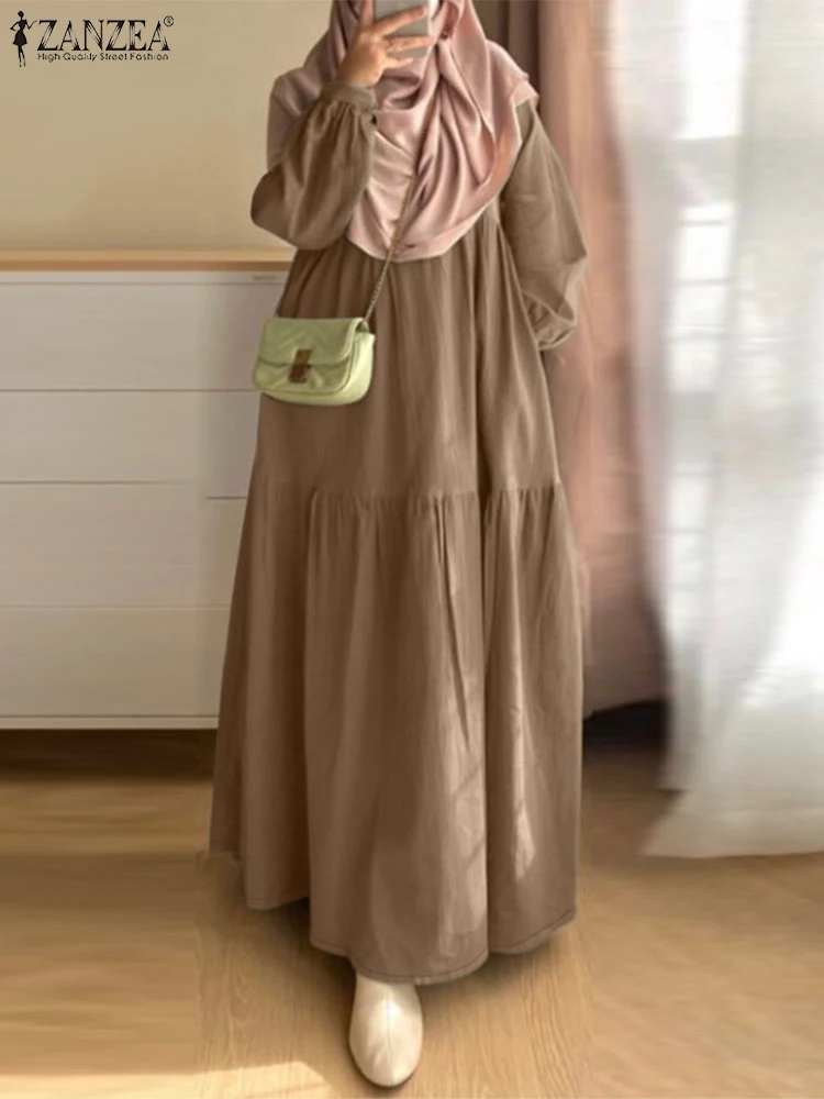 ZANZEA винтажное женское однотонное платье с длинными рукавами осеннее